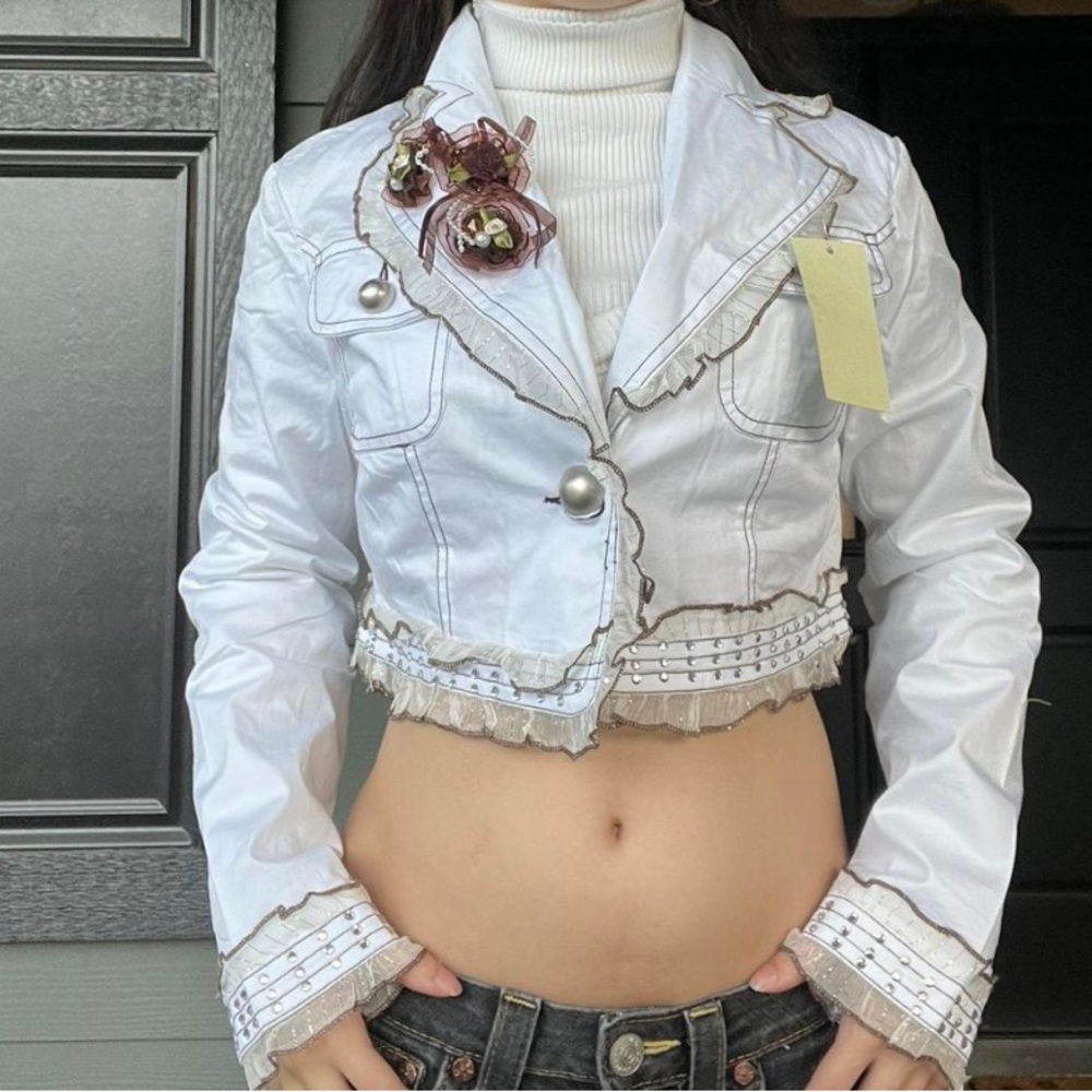 Y2k cropped white embellished blazer jacket
